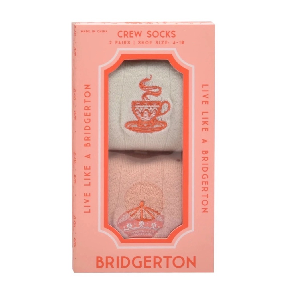 BRIDGERTON Crew Socks Shoe Size 4-10 2 Pair Teacup & Crown Embroidered Netflix